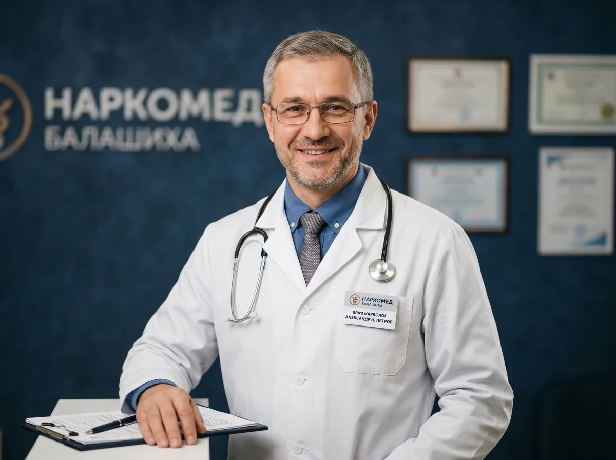 Врач-нарколог клиники НаркоМед Балашиха — мужчина в белом халате, уверенный и доброжелательный, профессиональный медицинский портрет на тёмно-синем фоне