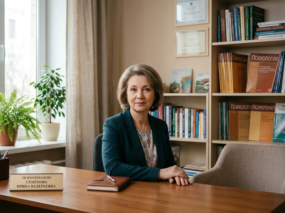 Психотерапевт Семёнова Ирина Валерьевна — портрет в медицинском кабинете, профессиональная обстановка, спокойный и внимательный взгляд