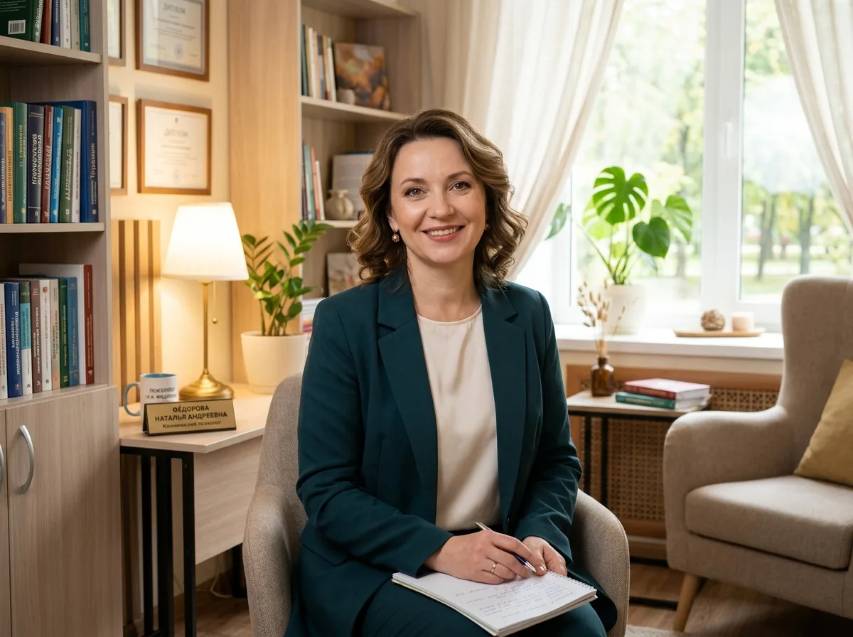 Клинический психолог Фёдорова Наталья Андреевна — портрет в светлом кабинете, доброжелательное выражение, профессиональная обстановка